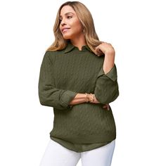 Classic cable-knit sweater, this cozy layer is a must-have piece to take into chilly temps. A relaxed fit makes it easy to layer with our poplin shirt. Green Cable Knit Tops For Layering, Green V-neck Cable Knit Sweater, Green Cable Knit Long Sleeve Tops, Green Cable Knit Sweater, Green V-neck Cable Knit Outerwear, Dark Olive Green, Ladies Of London, Poplin Shirt, Crewneck Sweater