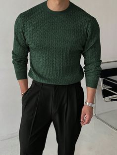 Men's Minimalist Solid Color Cable Knit Long Sleeve Sweater Dark Green Casual  Long Sleeve Fabric Plain Pullovers Slight Stretch  Men Clothing, size features are:Bust: ,Length: ,Sleeve Length: Casual Chic Style Men, Green Inspired Outfits Men, Male Outfit Styles, Green Dark Academia Outfit Men, Dark Green Clothes Men, Mens Outfit Green, Men Clothing Styles Casual, Dark Green Outfit Men, Olive Green Outfit Men