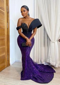 This African prom standing sleeve dress is a perfect choice for your special occasions. Its mermaid design gives you a figure-flattering look while the purple lace adds a touch of class. The dress is made of high quality fabric, ensuring a comfortable fit and long-lasting wear. The traditional African lace style gives the dress a unique and eye-catching look. Whether you're attending a wedding, reception or party, this dress is sure to make you stand out from the crowd. With its delicate floral pattern and intricate detailing, you'll be sure to wow your guests. The dress also features a v-neckline, ruched bodice, and a zipper closure at the back. The fabric itself is lightweight and perfect for warm weather occasions. The dress is sure to be your go-to outfit when you want to look stunning Corset Gowns Purple, Purple Graduation Dress, Nigerian Dress, African Traditional Wedding Dress, Nigerian Lace Styles Dress, Nigerian Lace Styles, Purple Lace Dress, African Lace Styles, African Prom Dresses