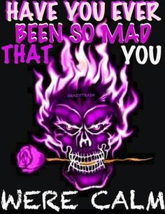 a purple skull with flames and a rose on it's nose, holding a stick