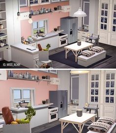 two pictures of the same kitchen in different rooms