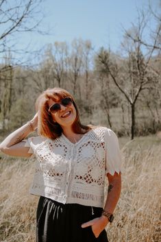 Be the life of the party in the Belize Top! This playful mesh top features delicate floral crochet details and a v-neck button down with contrast scallop elastic sleeves. Its vintage cream color and crop length add a unique touch. (Hot tip: pair with high-waisted jeans for a flirty and fun look!) Mesh Sweater, Elastic Sleeves, Another Love, Floral Crochet, Life Of The Party, Crochet Details, Belize, High Waist Jeans, Cream Color