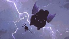 an animated image of a bat flying through the air with lightning in the sky behind it