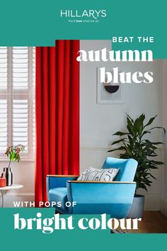 Bright red curtains paired with white shutters. There is a contrasting blue chair in front of the window alongside a houseplant and a print on the wall. Window Solutions, White Shutters, Blue Armchair, Contrasting Colours, Red Curtains, Contemporary Living Spaces, Window Dressings, Contemporary Living