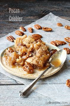 pecan cobbler on a plate with spoon