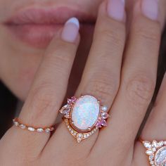 OOAK White Opal, Pink Gemstones and pearls Engagement Ring ♥ | sillyshinydiamonds Pink Opal Rings, Pink Wedding Ring, Goddess Crystals, Jewellery Wishlist, Simple Diamond Ring, Shopping Addict, Pink Opal Ring, Delicate Gold Ring, Wedding Ring Unique