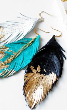 Gold dipped feather earings are tough and sweet. Perfect match for the #Hollister biker rally Dipped Feathers, Leather Feather Earrings, Earrings Feather, Ivory Earrings, Leather Jewellery, Turquoise Leather, Feather Jewelry, Diy Schmuck, Feather Earrings