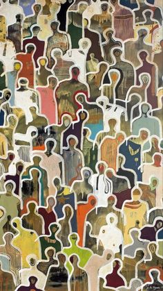 an abstract painting with many people in different colors