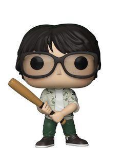 a pop vinyl figure with glasses holding a baseball bat and wearing green pants, standing in front of a white background