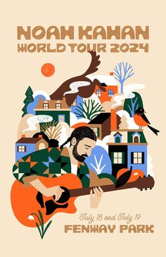 the poster for noah kahan's world tour is shown in orange and green