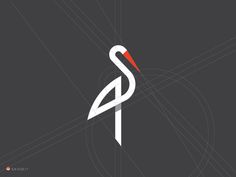 a white bird with red beak and long legs on a black background, logo design