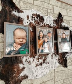 three framed photos hanging on a brick wall next to a cow skin textured wall