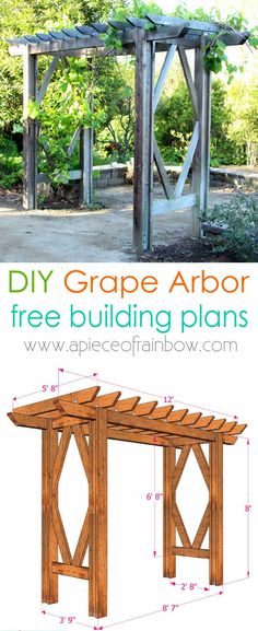 the plans for an outdoor table and bench are shown in two different views, with text overlay that reads diy grape arbor free building plans