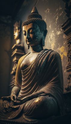 a buddha statue sitting on top of a wooden table