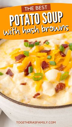 This Potato Soup Recipe with Hash Browns is an easy recipe to make year round. This loaded potato soup has a creamy broth base and is packed with all the good stuff – bacon, cheese, sour cream, and green onions. Using frozen hash browns for potato soup is one of my favorite kitchen hacks. No need to peel each potato and then chop it up. Simply dump a bag of frozen hash brown potato cubes into a pot, along with the other ingredients, and that’s it.