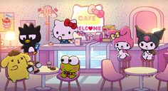 cartoon characters sitting at a table in a cafe with hello kitty on the wall behind them