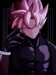 an anime character with pink hair and black clothes, holding his hand to his ear