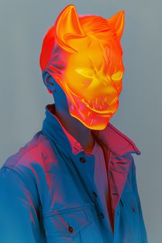 a man in a blue shirt with a cat mask on his head and an orange light coming out of his mouth