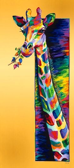 a painting of a giraffe with colorful paint on it's face and neck