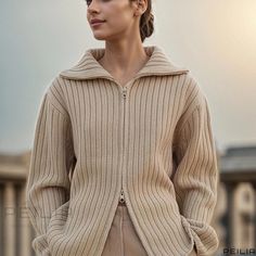 Peilia - Womens Fashionable Solid Zip Up Rib Knit Cardigan with Long Sleeve Sweater and Casual Turndown Collar Classic Beige Chunky Knit Outerwear, Classic Chunky Knit Outerwear For Winter, Classic Chunky Knit Winter Outerwear, Winter Beige Ribbed Outerwear, Cozy Ribbed Beige Outerwear, Asymmetrical Cardigan, Seasons Winter, Rib Knit Cardigan, Turndown Collar