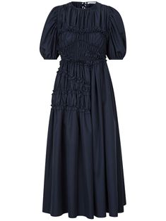 Find CECILIE BAHNSEN Smocked Lace-up Back Dress on Editorialist. navy blue asymmetrical ruch detailing empire line round neck rear lace-up fastening short puff sleeves Uzun Boy, Lace Up Back Dress, Cecilie Bahnsen, Empire Waistline, Fall Dress, Dress Navy Blue, City Dress, Smocked Dress, Dolce E Gabbana