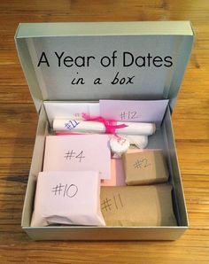 an open box with some items in it on a wooden table and the words, a year of dates in a box