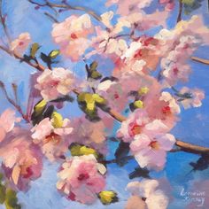 an oil painting of pink flowers on a blue background