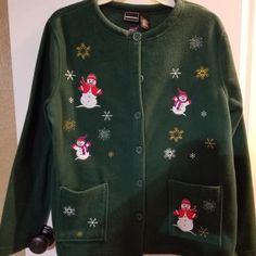 Never Worn Christmas Cardigan With Pockets And Embroidered Snowmen And Snow Flakes Casual Christmas Crew Neck Cardigan, Casual Christmas Holiday Outerwear, Casual Holiday Outerwear, Long Sleeve Christmas Cardigan, Festive Long Sleeve Christmas Cardigan, Festive Green Winter Outerwear, Brook Green, Christmas Cardigan, Snow Flakes