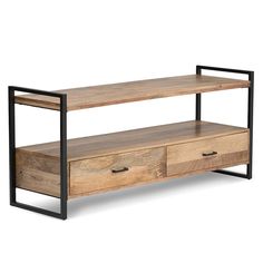 a wooden shelf with two drawers and black metal frame on the bottom, against a white background