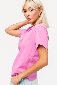 Staple Tee Comes in multiple colors Crewneck Relaxed fit Fits true to size If between sizes, consider sizing up *OUT OF STOCK? Select your size & sign up for restock notifications. Fabric: 100% Cotton Wash/Care: Hand wash TRY ON VIDEOS MEASUREMENT & FIT MODEL INFO Pink Stretch Crew Neck Shirt, Pink Stretch Cotton Shirt, Basic Pink Crew Neck T-shirt, Stretch Cotton Pink Shirt, Pink Relaxed Fit Crew Neck Shirt, Basic Pink Short Sleeve Tops, Pink Cotton Casual Short Sleeve Top, Casual Pink Cotton Short Sleeve Top, Trendy Pink Everyday Tops