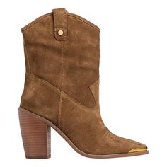 Vince Camuto® Abel Western Suede Bootie Take your western-inspired style to new heights with the Abel boot. With intricate stitching and a goldtone hardware accent at the snipped toe, this cowboy-inspired pair effortlessly upgrades your jeans or dresses with modern appeal. Suede Heeled Boots For Fall And Western-themed Events, Chic Leather Boots For Western-themed Events, Suede Heeled Boots For Western-themed Fall Events, Gold Ankle Boots For Fall, Gold Heeled Boots With Reinforced Heel For Fall, Western Heeled Boots With Heel Pull Tab For Fall, Western Style Mid-calf Boots With Reinforced Heel For Workwear, Chic Leather Boots For Ranch, Chic Leather Ranch Boots