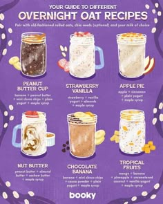 the ultimate overnight oatmeal recipe is shown in this purple and white poster