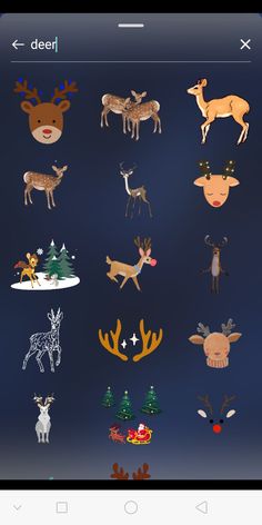 an iphone screen with christmas stickers on it, including deers and reindeer heads