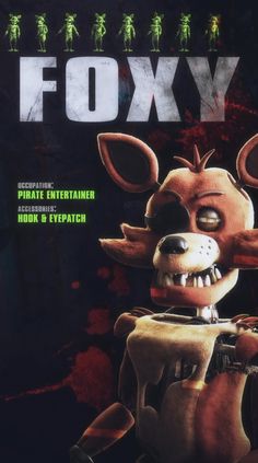 a movie poster for foxy with an evil looking character in the foreground and people on the background