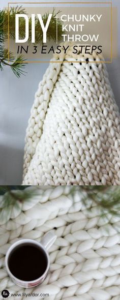 a white knitted bag sitting on top of a table next to a cup of coffee