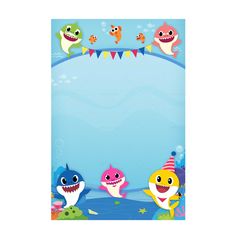 an image of children's birthday card with shark and fish on the bottom border