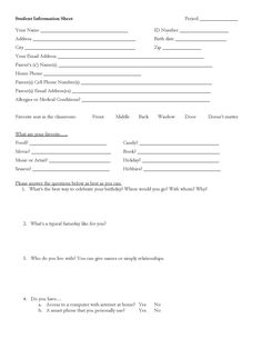 a form of application for student information