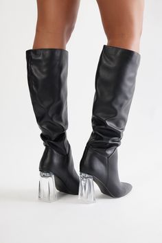 Available In Black. Knee High Heeled Boots Ruched Detail Pointed Toe 3.75" High Heel Clear Block Heel Imported | Cade Knee High Boots in Black size 8 by Fashion Nova Sleek Black Knee-high Boots With Sculpted Heel, Black Knee-high Boots With Reinforced Heel, Black High Heel Knee-high Boots With Zipper, Black Synthetic Knee-high High Heel Boots, Clear Block Heels, Black Knee-high Boots With Zipper Closure, Knee High Heels, High Heel Boots Knee, High Heel Boots