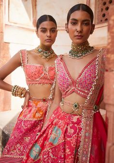 This stunning banarsi lehenga is sumptuously paired with a coral mirrored bralette-cut blouse, inspired by the enchanting Mughal gardens. Intricate blooming floral motifs and delicate fauna are beautifully scattered throughout, featuring charming butterflies and birds on the lehenga panel. The sides boast a playful texture of gota patti and motifs, adding a delightful twist to the design. Completing the look is the AG signature Meenakari belt at the waist, infusing the ensemble with elegance and sophistication. Panel Lehenga, Coral Mirror, Chanderi Lehenga, Cut Blouse, Wedding Aesthetic, Silk Lehenga, Organza Dupatta, Floral Motifs, Silk Blouse