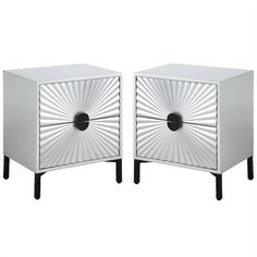 pair of mirrored nightstands with black legs and white finish on each side, one in the shape of a sunburst