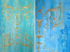 two panels of blue and gold painted on the same wall, each with an ornate design