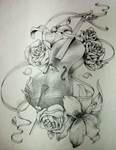 a drawing of a violin and roses