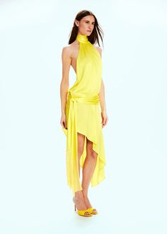 Amos Sunrise Summer Gala Dress With Tie Back, Chic Summer Silk Wrap Dress, Summer Pre-draped Halter Neck Maxi Dress, Summer Evening Draped Wrap Dress, Summer Gala Midi Dress With Tie Back, Summer Formal Draped Wrap Dress, Summer Draped Dress With Tie Back, Evening Draped Dress With Tie Back, Yellow Draped Summer Dress