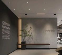 the interior of a modern office building with plants in vases on the desks