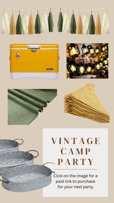 the vintage camp party is on display with yellow and green decorations, silver trays, and