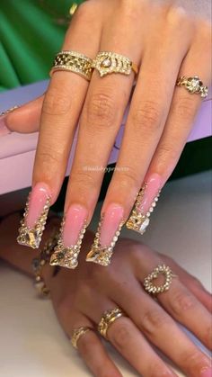 #NailArt #NailDesigns #NailInspo #NailTrends #NailIdeas #Manicure #NailPolish #NailGoals #NailArtDesigns #NailArtOfTheDay Good Rhinestone Nails, Gold French Tip Nails With Gems, Gold Bling French Tip Nails, Acrylic Nails With Gold Rhinestones, Gold Blinged Out Nails, Prom Gold Nails, Gold Crystal Nails, Gold Nail Designs Acrylic, Gold French Tip Toes