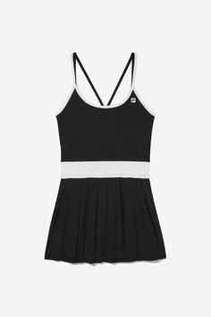 La Finale: Pleated Tennis Dress For Women | Fila Black Tennis Dress With Built-in Bra, Sporty Elastane Activewear With Adjustable Straps, Sporty Activewear With Adjustable Straps, Sporty Summer Activewear With Straps, Black Sporty Tennis Dress For Summer, Sporty Black Tennis Dress For Summer, Sporty Tennis Dress With Built-in Bra, Summer Athleisure Activewear With Spaghetti Straps, Black Athleisure Tennis Dress For Summer