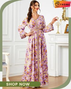 Women's Arabian Polyester Full Sleeves Floral Pattern Dress V-neck Floral Print Dress For Eid, Printed V-neck Dress For Eid, Fitted Casual Dress For Eid, Casual Fitted Dresses For Eid, Flowy V-neck Dresses For Eid, Floral Print V-neck Dress For Eid, Eid Fitted V-neck Dress, Fitted V-neck Dress For Eid, Fitted Floral Print Dress For Eid