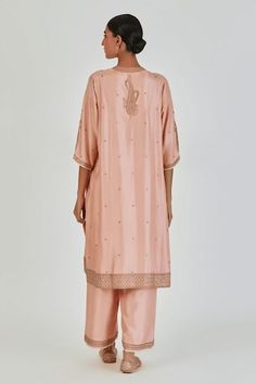 Salmon pink three fourth sleeves A-line silk kurta with paisley gul Marodi embroidery using gold zari thread work on the yoke and buta detailing. Paired with an embroidered hem palazzo. - Aza Fashions Festive Silk Palazzo Set With Set-in Sleeves, Elegant Kurta With 3/4 Sleeve For Eid, Elegant Kurta With 3/4 Sleeves For Festive Occasions, Elegant 3/4 Sleeve Kurta For Eid, Silk Kurta With Set-in Sleeves For Wedding, Elegant Festive Set With 3/4 Sleeve, Elegant Festive Sets With 3/4 Sleeve, Elegant Holiday Set With 3/4 Sleeves, Marodi Embroidery