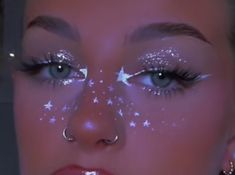 Star Witch Makeup, Star Makeup Halloween, Celestial Fairy Makeup, Space Royalty Aesthetic, Wedding Makeup Alternative, Star Gem Makeup, Purple Star Makeup, Star Freckles Makeup, Disco Makeup Ideas